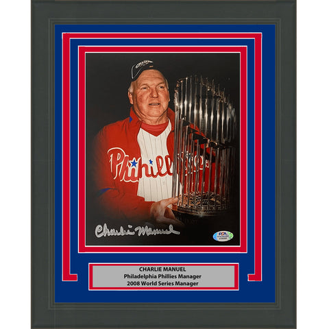 Framed Autographed Charlie Manuel 2008 World Series 8x10 Photo PSA COA