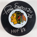 Tony Esposito Signed Chicago Blackhawks Logo Puck "HOF 88" (JSA COA) Tony-0
