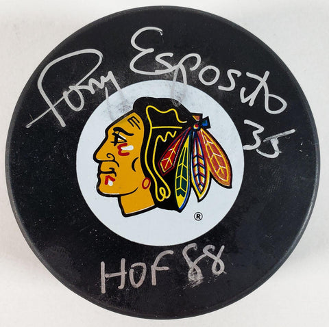 Tony Esposito Signed Chicago Blackhawks Logo Puck "HOF 88" (JSA COA) Tony-0