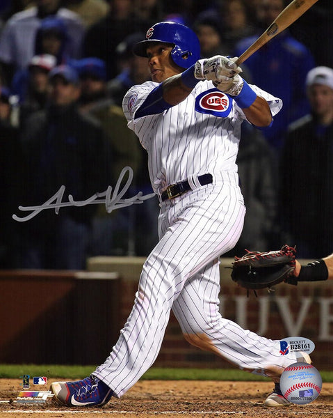Addison Russell Signed Cubs White Jersey Swinging Action 8x10 Photo -BECKETT COA