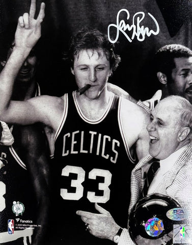 Larry Bird Signed 8x10 Boston Celtics Photo w/ Red Auerbach Bird+PSA/DNA