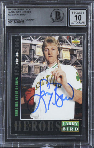Celtics Larry Bird Signed 1992 Upper Deck Heroes #22 Card Auto 10! BAS Slabbed