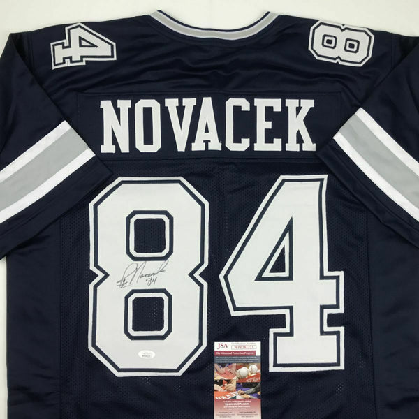 Autographed/Signed JAY NOVACEK Dallas Dark Blue Football Jersey JSA COA Auto