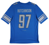 Lions Aidan Hutchinson Signed Blue Nike Game Jersey w/ Silver Sig BAS Witnessed