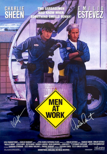 Charlie Sheen & Emilio Estevez Signed Men At Work 27x40 Movie Poster - (SS COA)