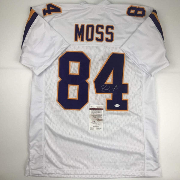 Autographed/Signed Randy Moss Minnesota White Football Jersey JSA COA