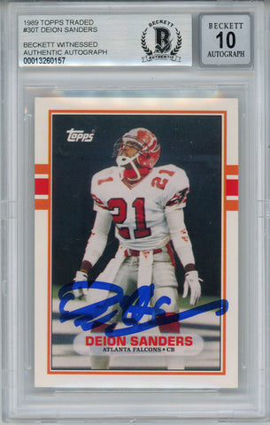 Deion Sanders Autographed 1989 Topps Traded #30T Rookie Card BAS 10 Slab 33895
