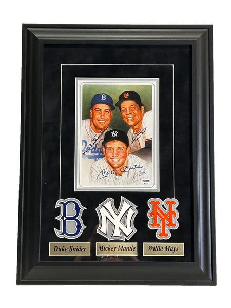 Duke Snider, Willie Mays, Mickey Mantle Autographed 8x10 Litho Framed PSA LOA