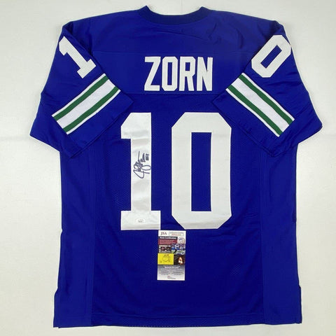 Autographed/Signed JIM ZORN Seattle Blue Football Jersey JSA COA Auto