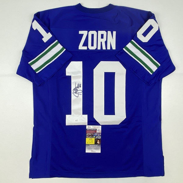 Autographed/Signed JIM ZORN Seattle Blue Football Jersey JSA COA Auto