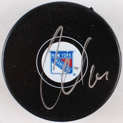Oscar Lindberg Signed New York Rangers Logo Hockey Puck (JSA Hologram)