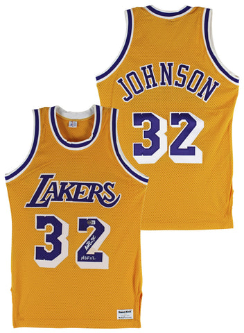 Lakers Magic Johnson "HOF 02" Signed Yellow MacGregor Sand-Knit Jersey BAS Wit 3