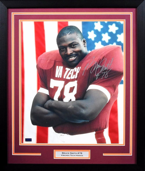 BRUCE SMITH AUTOGRAPHED VIRGINIA TECH HOKIES 16x20 FRAMED PHOTO COA