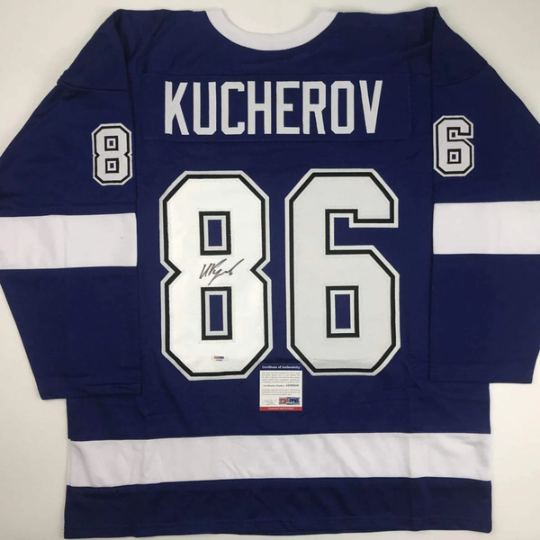 Autographed/Signed Nikita Kucherov Tampa Bay Blue Hockey Jersey PSA/DNA COA