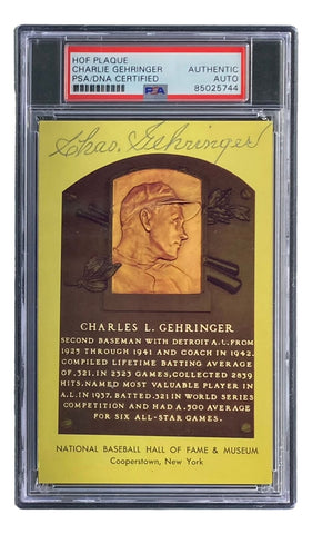 Charlie Gehringer Signed 4x6 Detroit Tigers HOF Plaque Card PSA/DNA 85025744