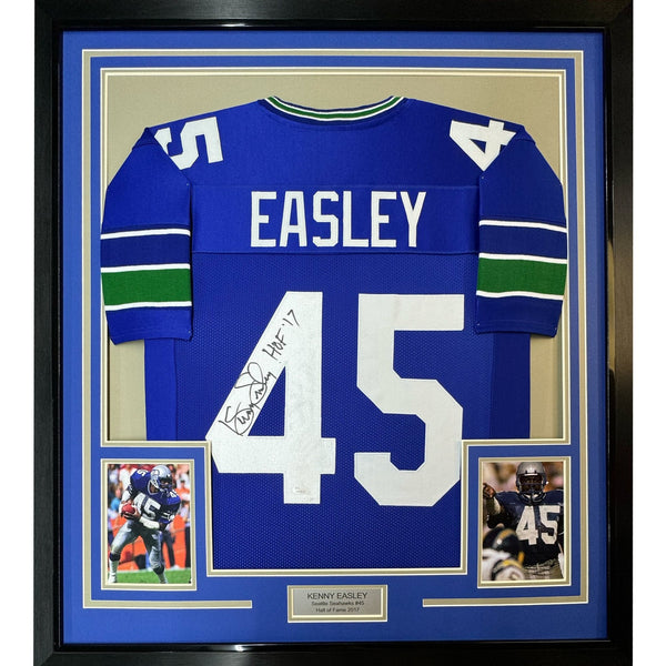 Framed Signed Kenny Easley 35x39 HOF 17 Seattle Blue Jersey JSA COA