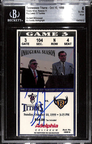 Ray Lewis Signed Baltimore Ravens 10/10/99 Slab Ticket 6 Grade Beckett 37448