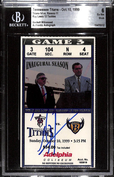 Ray Lewis Signed Baltimore Ravens 10/10/99 Slab Ticket 6 Grade Beckett 37448