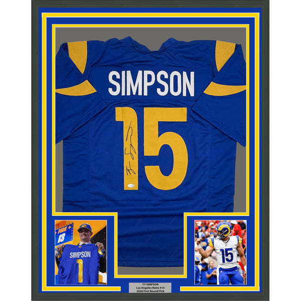 Framed Autographed/Signed Ty Simpson 35x39 Los Angeles Blue Jersey JSA COA
