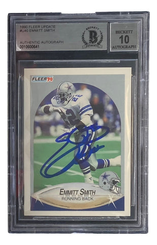 Emmitt Smith Signed Dallas Cowboys 1990 Fleer #U40 Rookie Card BAS Auto 10