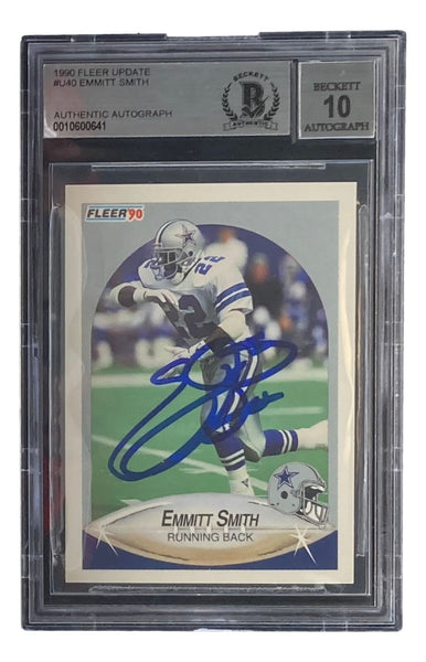 Emmitt Smith Signed Dallas Cowboys 1990 Fleer #U40 Rookie Card BAS Auto 10