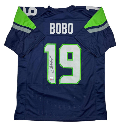 Autographed/Signed Jake Bobo Seattle Blue Football Jersey JSA COA