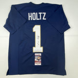 Autographed/Signed LOU HOLTZ Notre Dame Blue College Football Jersey JSA COA