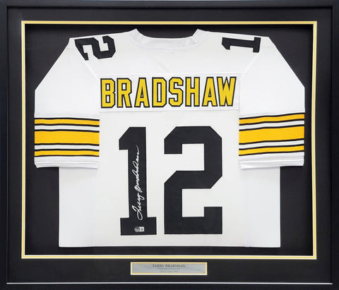 STEELERS TERRY BRADSHAW AUTOGRAPHED SIGNED FRAMED WHITE JERSEY BECKETT QR 209455