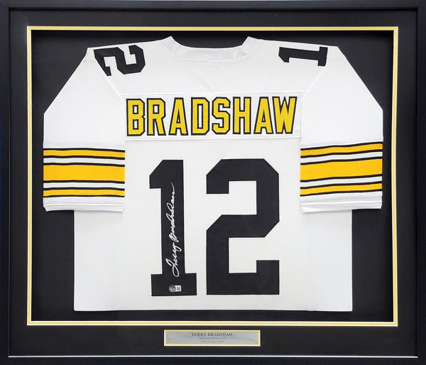 STEELERS TERRY BRADSHAW AUTOGRAPHED SIGNED FRAMED WHITE JERSEY BECKETT QR 209455