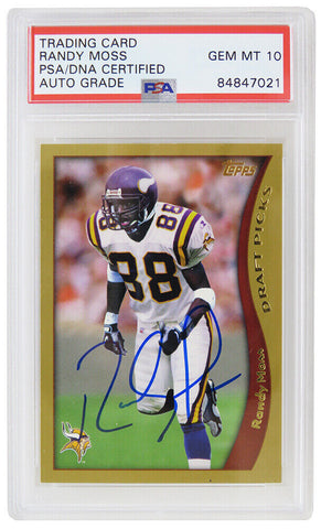 Randy Moss Signed Vikings 1998 Topps Football Rookie Card #352 (PSA - Auto 10)