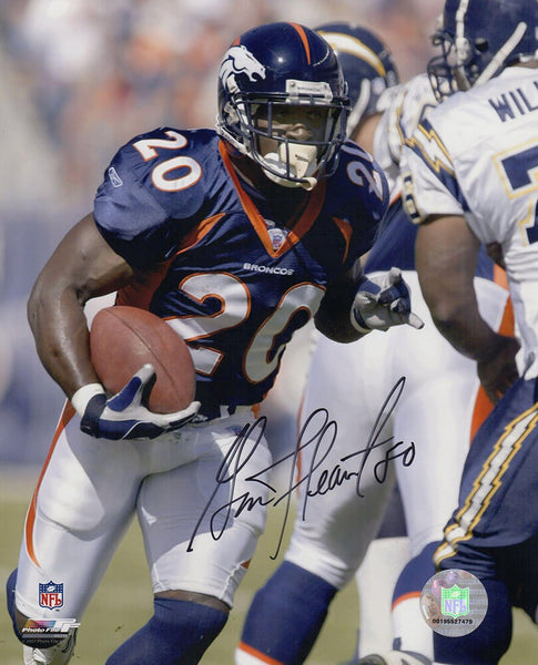 Garrison Hearst Signed Broncos Navy Jersey Action 8x10 Photo - (SCHWARTZ COA)
