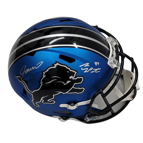 Sam LaPorta & Jameson Williams Signed Lions 2024 ALT Blue Replica Helmet BAS