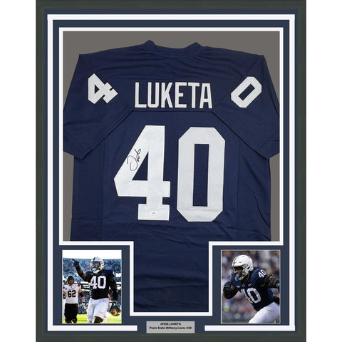 Framed Autographed/Signed Jesse Luketa 35x39 Penn State Blue Jersey JSA COA