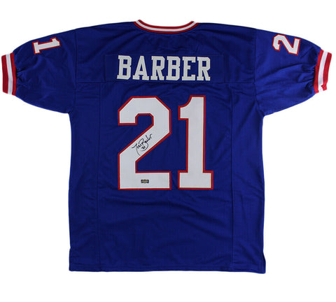 Tiki Barber Signed New York Custom Blue Jersey with "3x Pro Bowl" Inscription