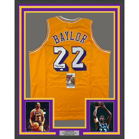 Framed Autographed/Signed Elgin Baylor 33x42 Los Angeles Yellow Jersey JSA COA