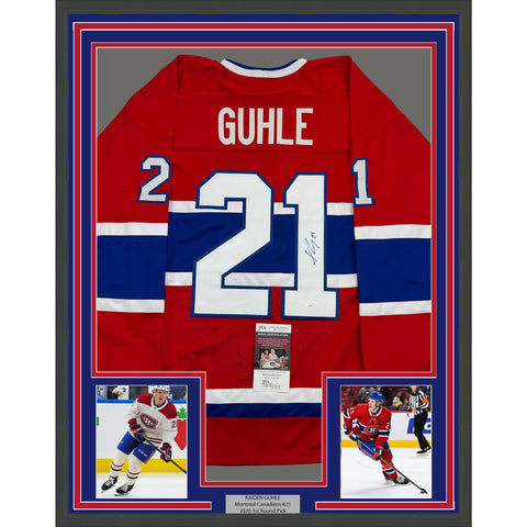 Framed Autographed/Signed Kaiden Guhle 35x39 Montreal Red Hockey Jersey JSA COA