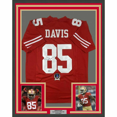 FRAMED Autographed/Signed VERNON DAVIS 33x42 Red Football Jersey Beckett COA