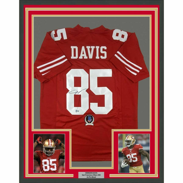 FRAMED Autographed/Signed VERNON DAVIS 33x42 Red Football Jersey Beckett COA