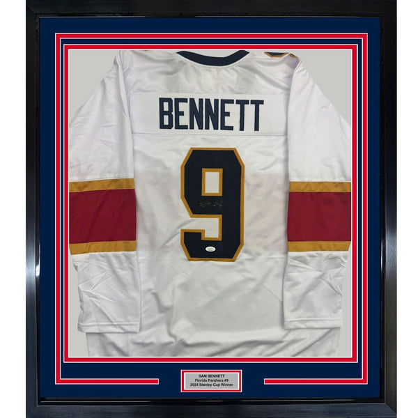 Framed Autographed/Signed Sam Bennett 35x39 Florida White Jersey JSA COA
