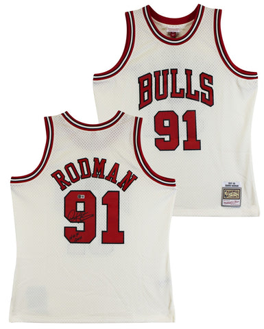 Bulls Dennis Rodman "HOF 2011" Signed Cream M&N HWC Swingman Jersey BAS Witness
