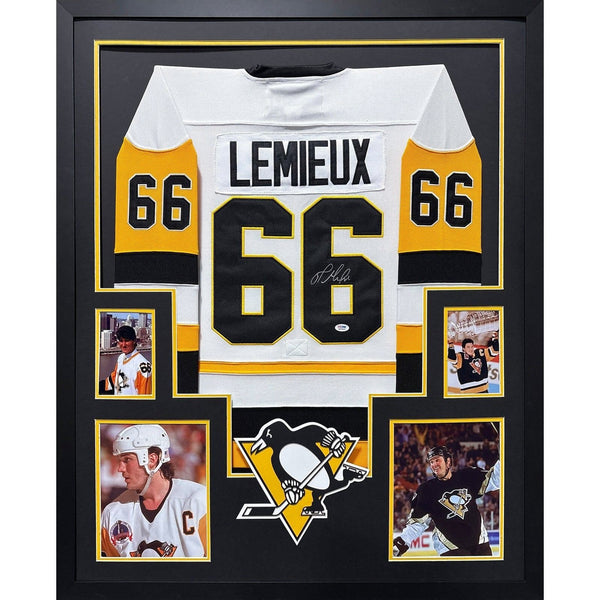 Mario Lemieux Autographed Signed Framed White Penguins Jersey PSA/DNA