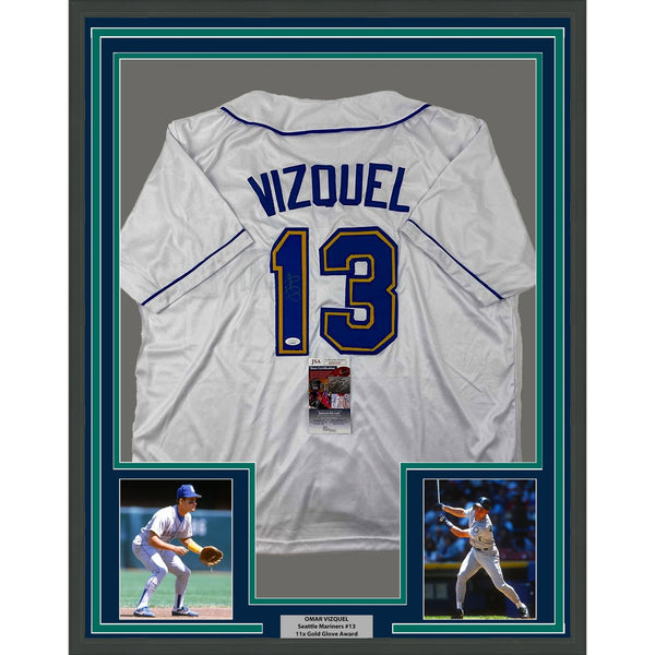 Framed Autographed/Signed Omar Vizquel 35x39 Seattle White Jersey JSA COA