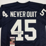 Autographed/Signed Rudy Ruettiger Never Quit Notre Dame Blue Jersey JSA COA