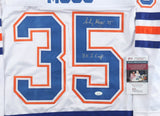 Andy Moog Signed Edmonton Oilers Inscribed "3x S. Cup" White Jersey (JSA COA)