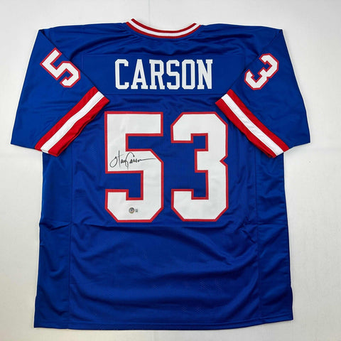Autographed/Signed Harry Carson New York Blue Football Jersey Beckett BAS COA