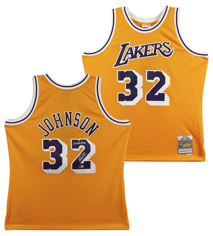 Lakers Magic Johnson "5x NBA Champ" Signed Yellow M&N HWC Swingman Jersey BAS W