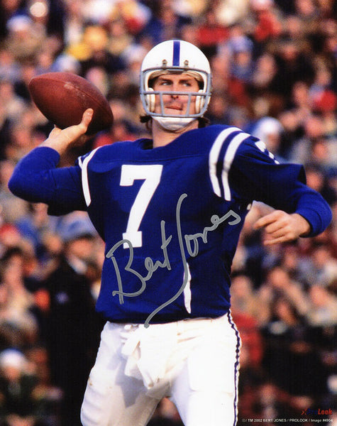 Bert Jones Signed Colts Blue Jersey Passing Action 8x10 Photo - (SCHWARTZ COA)