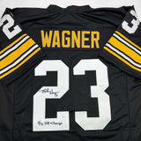 Autographed/Signed Mike Wagner 4x SB Champ Pittsburgh Black Jersey JSA COA