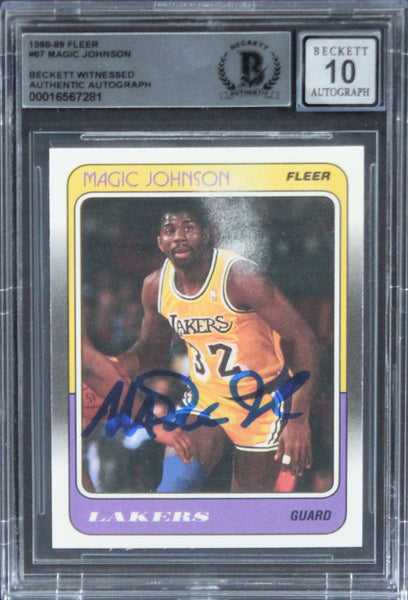 Lakers Magic Johnson Signed 1989 Fleer #67 Auto Grade 10 BAS Witnessed #16567281