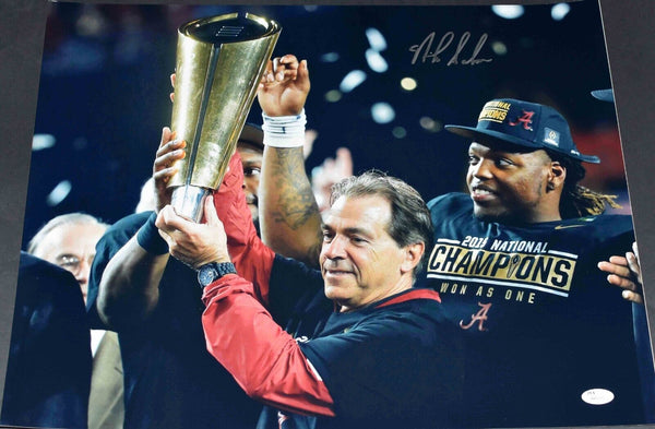 NICK SABAN AUTOGRAPHED ALABAMA CRIMSON TIDE CFP TROPHY 16X20 PHOTO JSA